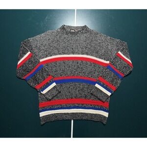 Vintage Chunky Knit‎ Sweater Men's Small Gray Striped Marled Fisherman Crewneck